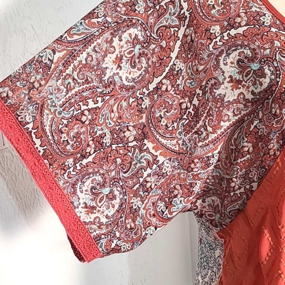 Ogle Orange & Blue Paisley Top woth Embroidered Flower Accents, Size Large - Picture 6 of 9